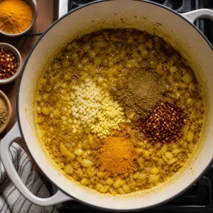 Ail gingembre curcuma coriandre et flocons de piment infuses avec les oignons dans la marmite