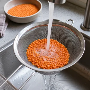 Lentilles corail rincees dans une passoire fine sous l eau froide
