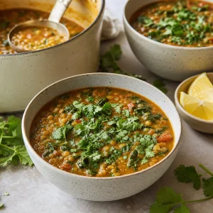 Soupe dal vegan aux lentilles et epinards servie dans des bols avec coriandre fraiche