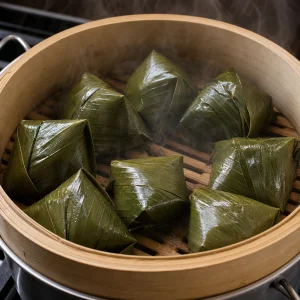 찜기에서 윤기 나게 익는 채식 반 지오 꾸러미