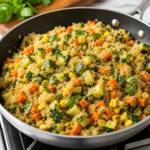 Киноа с нарезанными овощами и зеленью в сковороде