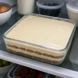 Covered tiramisu chilling in the refrigerator until set.