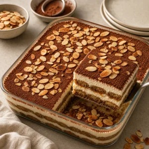 Finished tiramisu dusted with cocoa powder and toasted sliced almonds.