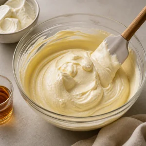 Mascarpone and Amaretto stirred into the cooled egg mixture until creamy.