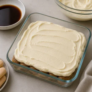 Mascarpone cream spread evenly over the first layer of soaked ladyfingers.
