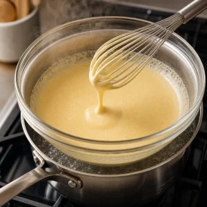 Pale thick egg mixture whisked over a simmering double boiler.