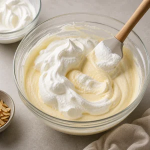 Whipped cream with stiff peaks folded gently into mascarpone cream.