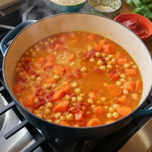 수프 냄비에서 끓는 당근, 병아리콩, 토마토 페이스트, 채소 육수