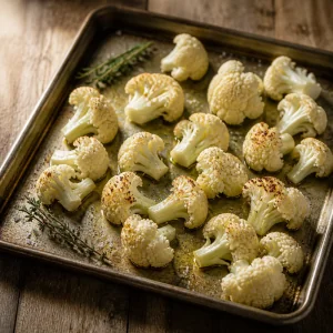 Cauliflower florets roasting on a baking sheet