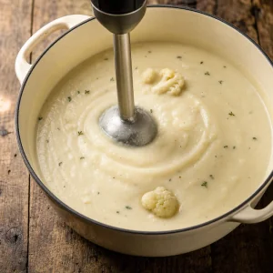 Creamy cauliflower soup being blended in the pot