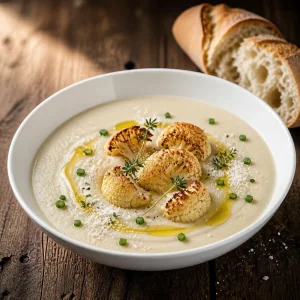 Finished cauliflower soup with olive oil, chives, and bread
