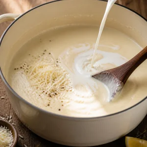 Milk and Parmesan stirred into smooth cauliflower soup