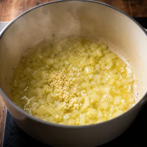 Onion and garlic softening in butter and olive oil