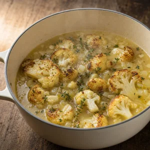 Roasted cauliflower simmering with stock and thyme