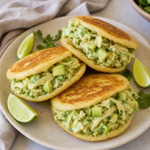 Finished Reina Pepiada arepas filled with creamy chicken and avocado