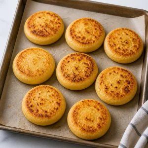 Golden arepas on a parchment-lined baking sheet