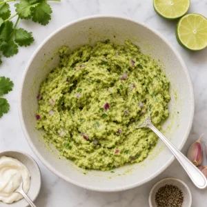Mashed avocado mixture with onion, cilantro, lime, and mayonnaise