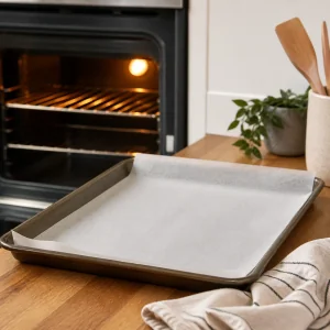 Parchment-lined baking sheet beside a preheated oven