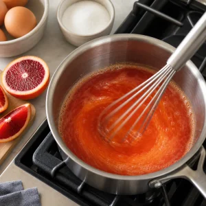 Blood orange juice, eggs, and sugar whisked in a saucepan for citrus curd.