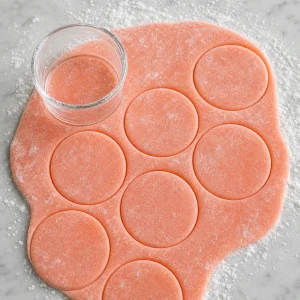 Blood orange mochi dough rolled thin and cut into round circles.
