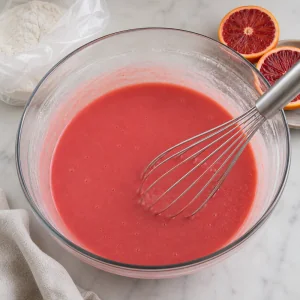 Glutinous rice flour, sugar, and blood orange juice whisked into smooth mochi batter.