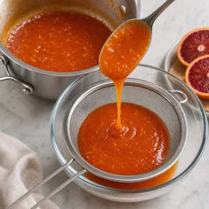Thick blood orange curd strained through a sieve after cooking with butter and zest.