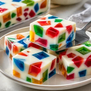 Chilled broken glass jelly squares served on a plate