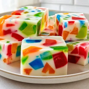 Finished broken glass jelly squares with colorful gelatin in a creamy white base