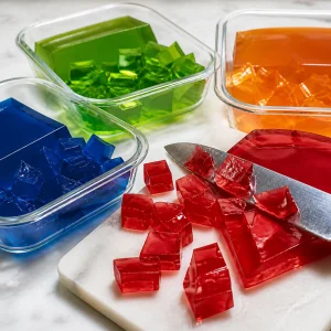 Firm colorful gelatin cut into small irregular cubes