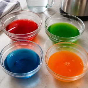 Four bowls of red, green, blue, and orange gelatin dissolved in hot water