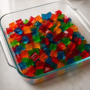 Mixed red, green, blue, and orange gelatin cubes in a glass baking dish