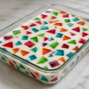 Set broken glass jelly chilling firm in a rectangular glass dish