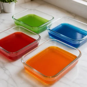 Shallow glass dishes filled with red, green, blue, and orange gelatin