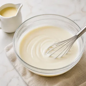 Smooth sweet condensed milk gelatin mixture swirled in a glass bowl