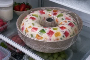 Filled mosaic jelly cake chilling in the refrigerator until set