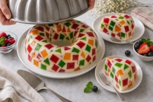 Unmolded mosaic jelly cake sliced and served chilled