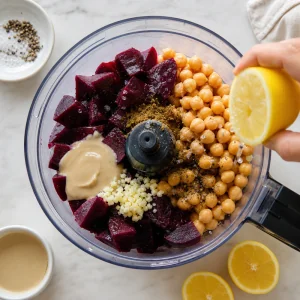 Beet chunks chickpeas tahini lemon garlic and spices in a food processor