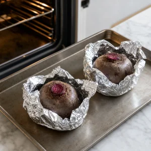 Beets wrapped in foil on a baking sheet before roasting