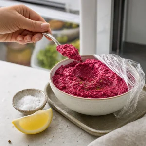 Finished beet chickpea pâté tasted and seasoned with lemon and salt before chilling