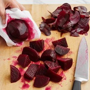 Peeled roasted beets chopped into chunks on a cutting board