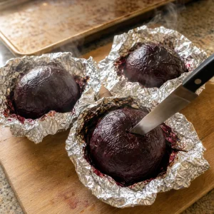 Roasted beets opened from foil and tested with a knife for tenderness
