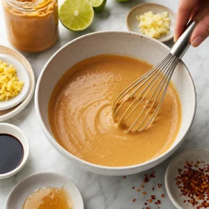 Creamy peanut-lime sauce whisked for Thai rice noodles