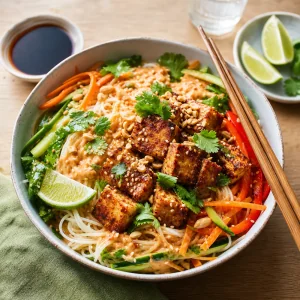 Finished Thai-style tofu rice noodle bowl served with lime and tamari