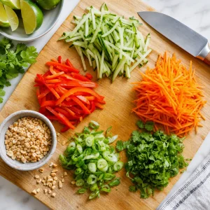 Fresh cucumber, carrot, red pepper, scallions, cilantro, and peanuts prepped for the bowl