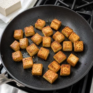 Golden crisp tofu cubes searing in a skillet for the noodle bowl