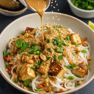 Peanut sauce drizzled over the Thai tofu noodle bowl with sesame seeds