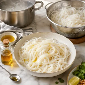 Rice noodles drained and tossed with sesame oil for Thai tofu noodle bowl
