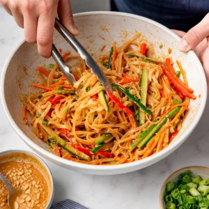 Rice noodles tossed with peanut sauce and crisp vegetables in a large bowl
