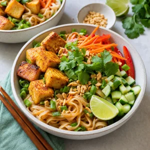 Thai rice noodle bowl topped with crisp tofu, peanuts, scallions, cilantro, and lime
