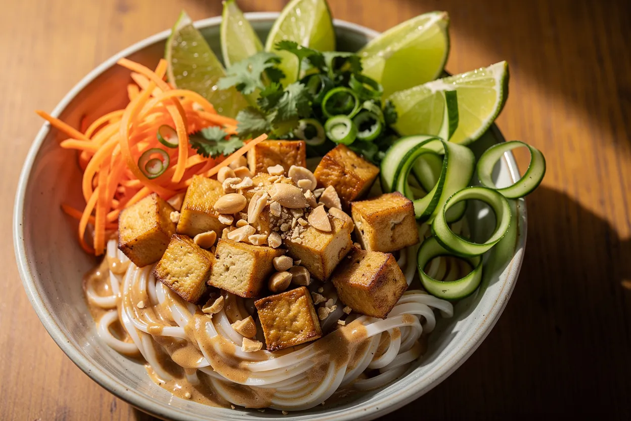 Vibrant Thai-Style Rice Noodle Bowl with Tofu & Peanuts